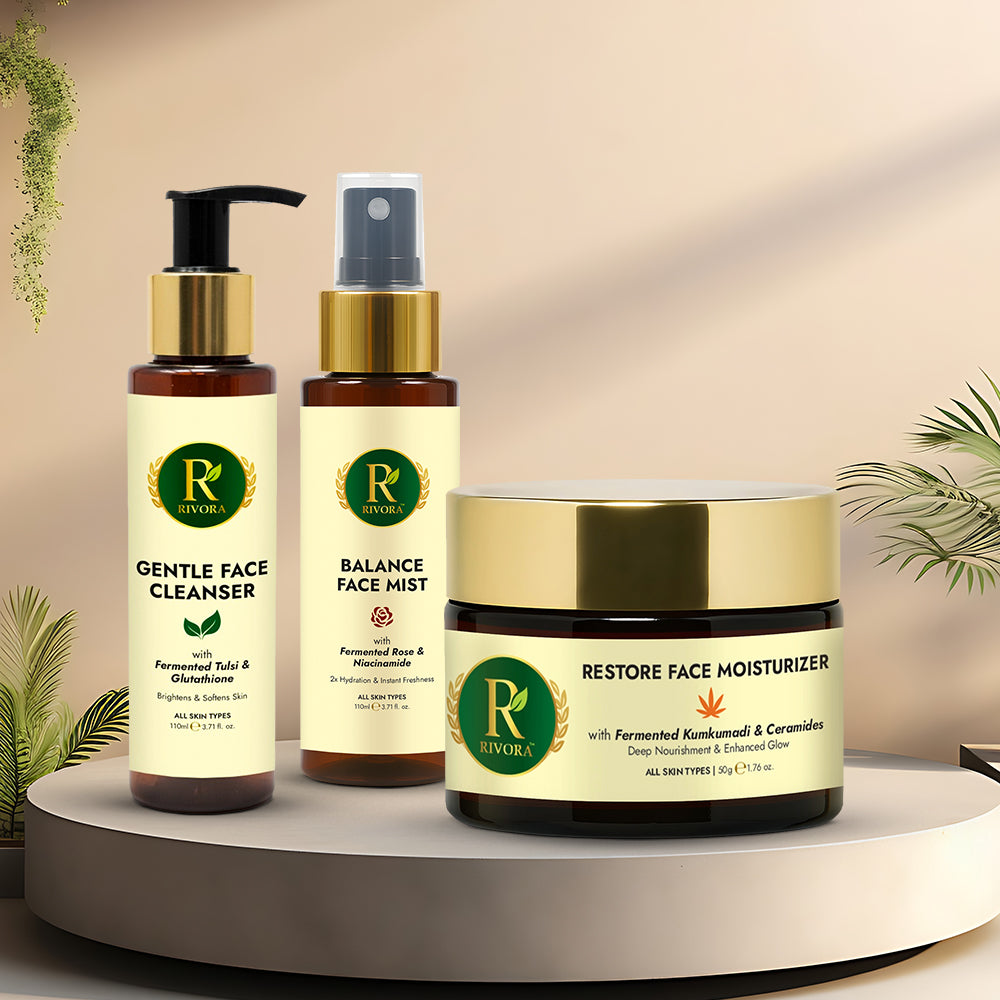 Rivora Ritual Box skincare kit including cleanser toner and moisturizer powered by fermented Ayurveda